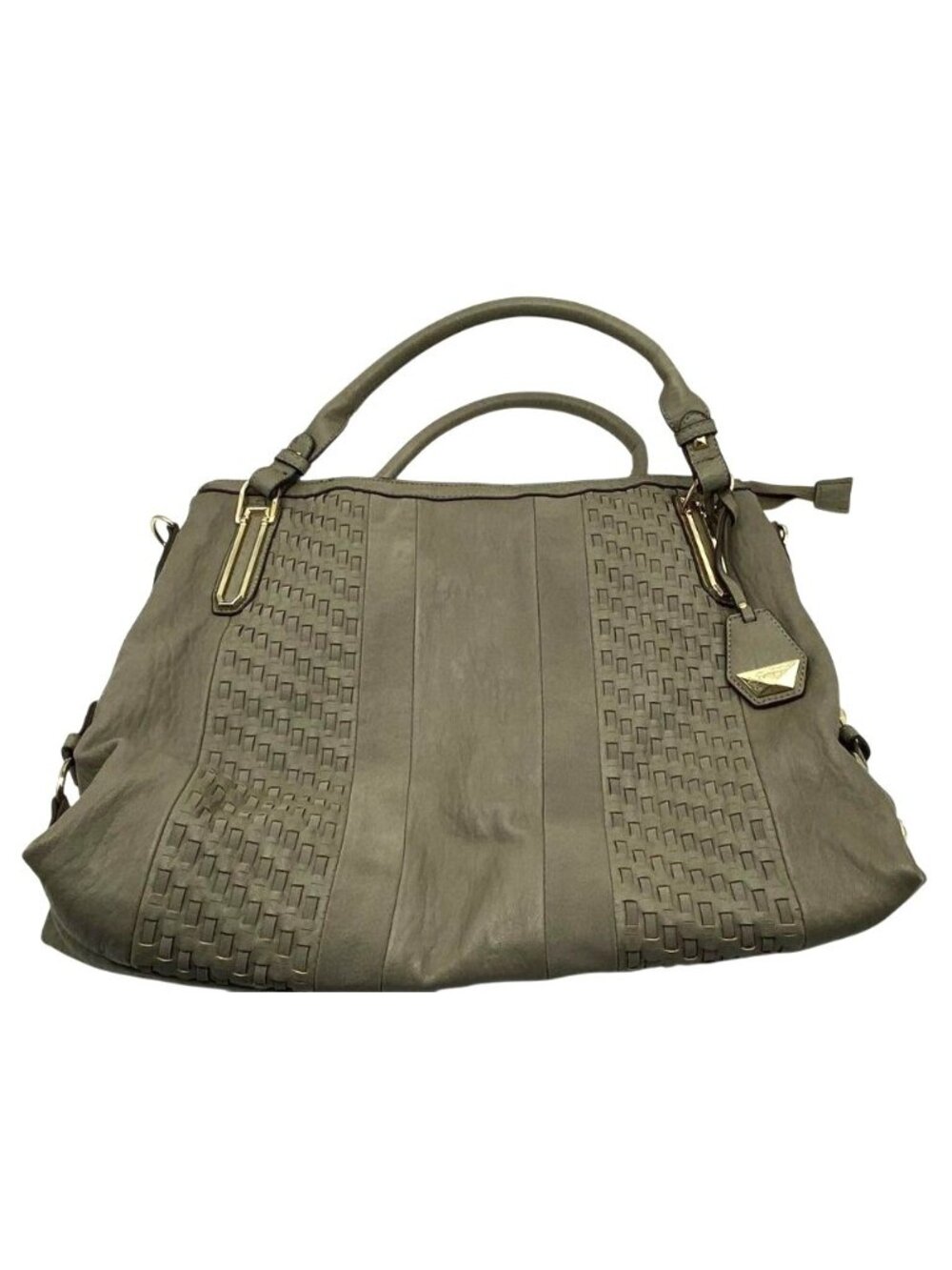 Jessica Simpson Woven Detail Taupe Soft Leather Satchel With Gold Accents